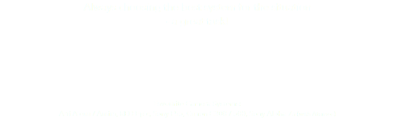 Always choosing the best system for the situation - a great task! Favourite Camera Systems: Arri Alexa / Amira, RED Epic, Sony F55, Canon C300 / 500, Sony Alpha 7s (with Atomos)